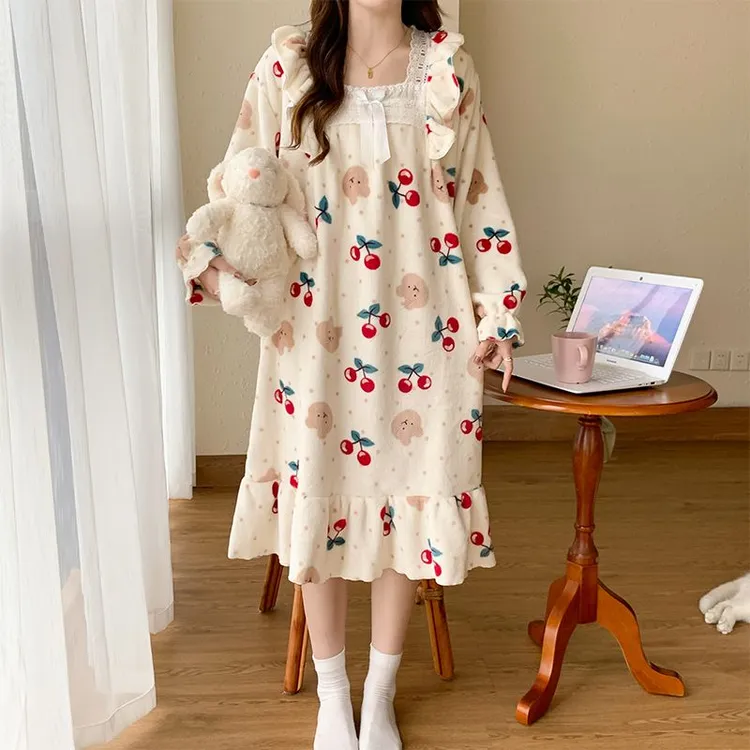 睡裙睡衣女秋冬珊瑚绒加绒加厚法兰绒公主风女士甜美保暖家居服