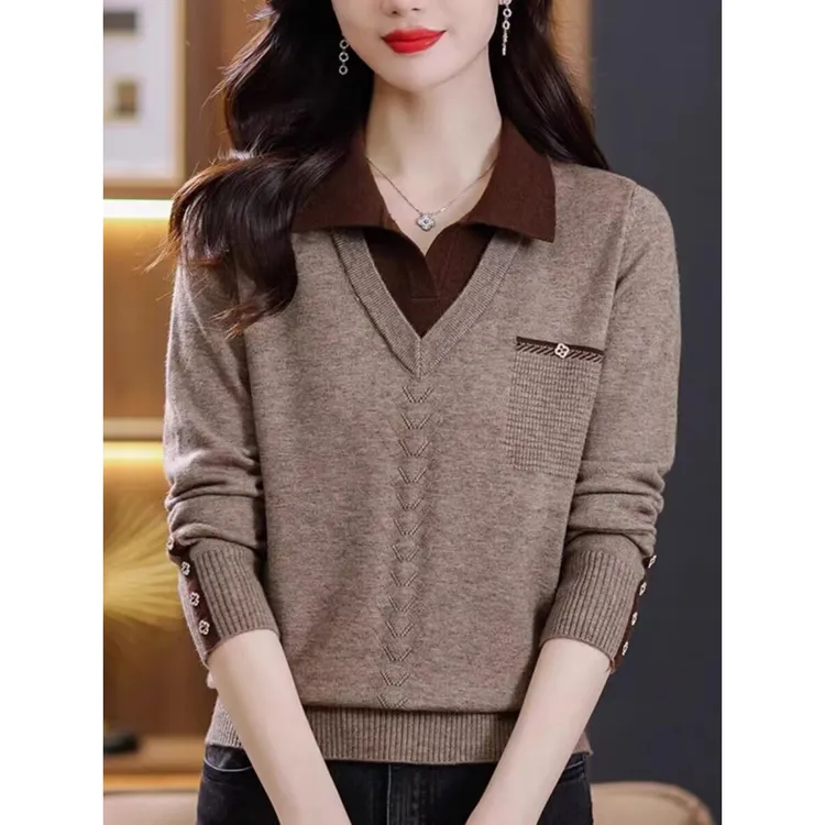 秋冬新款假两件POLO领针织衫毛衣女拼色爆款保暖韩版短款打底上衣