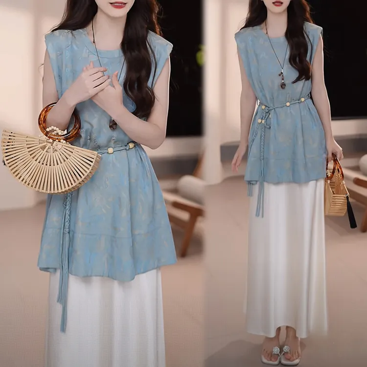 新中式老钱风时尚潮流套装女2025年夏季新款上衣腰带半身裙三件套