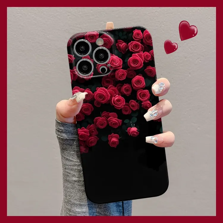 红色玫瑰花朵适用苹果16手机壳华为简约vivo女款小米15oppo菲林壳