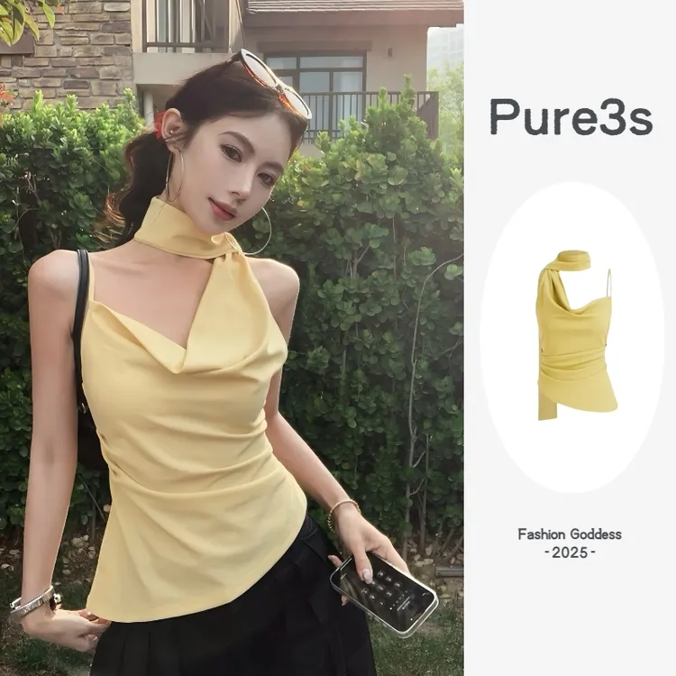 【Pure3s】辣妹性感修身单肩纯欲风通勤飘带黄色挂脖吊带背心