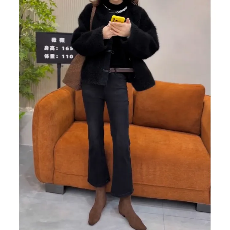 黑灰小个子微喇牛仔裤女秋冬加绒高腰百搭弹力显瘦修身九分喇叭裤