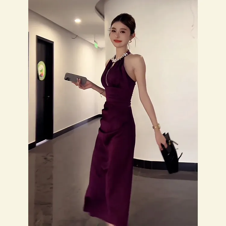夏季贵气感穿搭名媛气质御姐风富家千金小香风超火紫色无袖连衣裙
