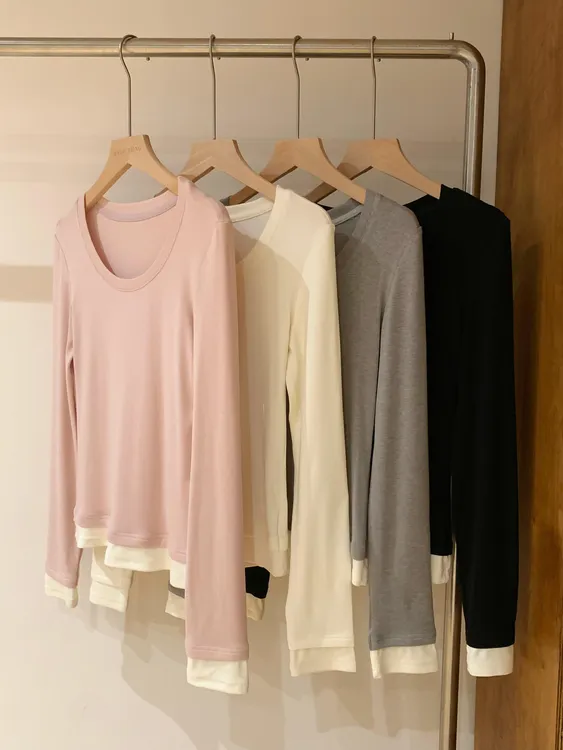 假两件圆领修身长袖天丝羊绒内搭打底衫女韩版撞色内搭t恤软糯ins