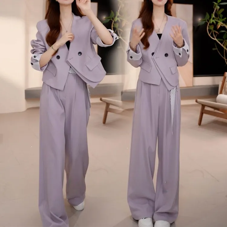 时尚西装套装女2025早秋韩系穿搭蕾丝拼接西服短外套阔腿裤两件套