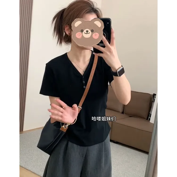 大码胖mm200斤黑色简约排扣V领掐腰正肩短袖t恤女夏季小个子上衣