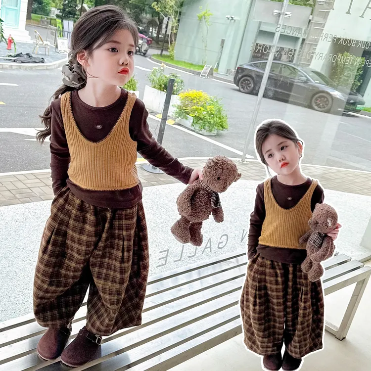 女童韩系套装洋气春秋装新款儿童叠穿背心T恤小女孩格子裤三件套