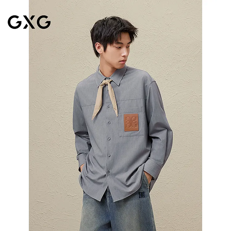 GXG男装 灰色翻领长袖衬衫压印LOGO舒适 24年秋季#G24D033041