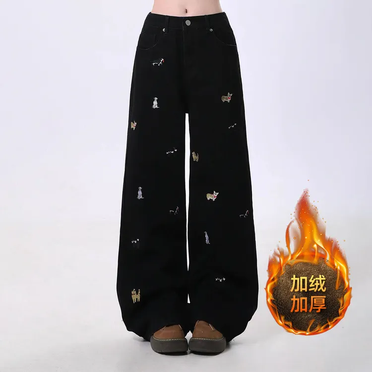 300斤大码女装2025冬季加绒加厚迷彩裤女美式复古保暖直筒牛仔裤