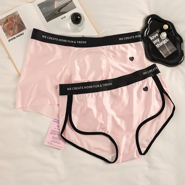 甜蜜邂逅~缎面情侣内裤夏季一男一女时尚潮流凉感粉色三角平角裤