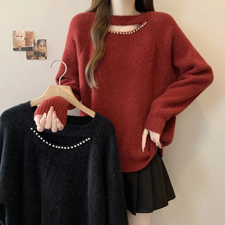 2025秋冬新款微胖mm大码女装纯欲钉钻洋气外穿毛衣针织打底衫上衣