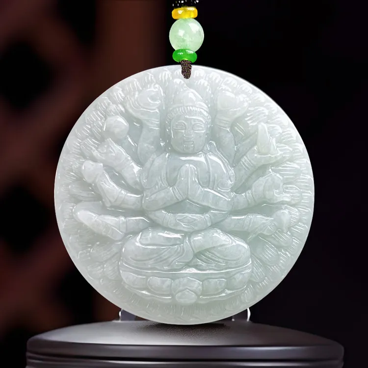 缅甸料淡白千手观音天然A货翡翠吊坠玉观音菩萨四会玉器守护神