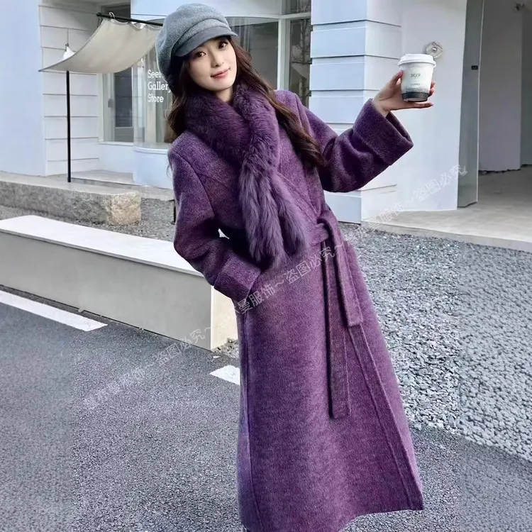 （上新）大V领三叉狐狸毛领双面羊毛大衣高端时尚系带百搭毛呢外套