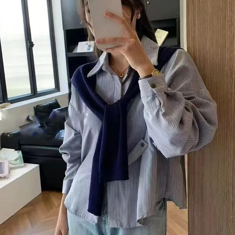 欧货设计感条纹披肩衬衫女2025秋季新款长袖宽松显瘦百搭上衣潮