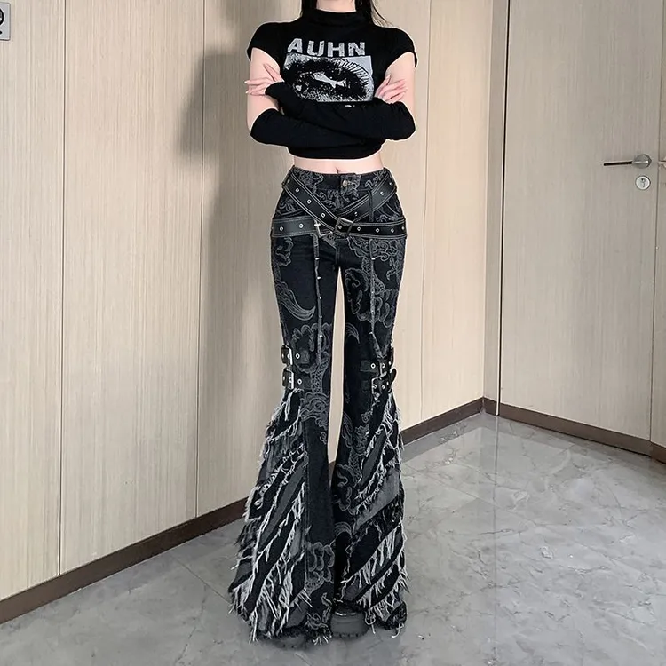 印花龙纹财阀千金毛边微喇叭牛仔裤女低腰炸街马蹄女童时尚设计感