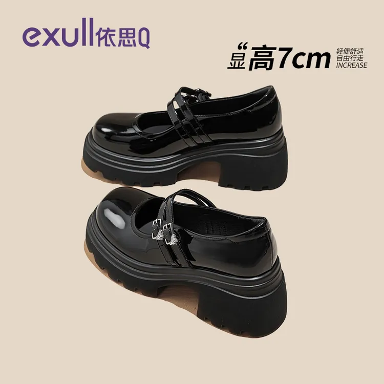 依思q厚底玛丽珍女鞋2025新款秋季黑色单鞋高跟jk配裙子小皮鞋女