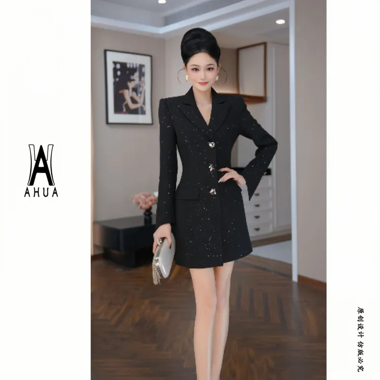 【花花原创】名媛气质显瘦轻奢小香风西装领单排扣连衣裙21902