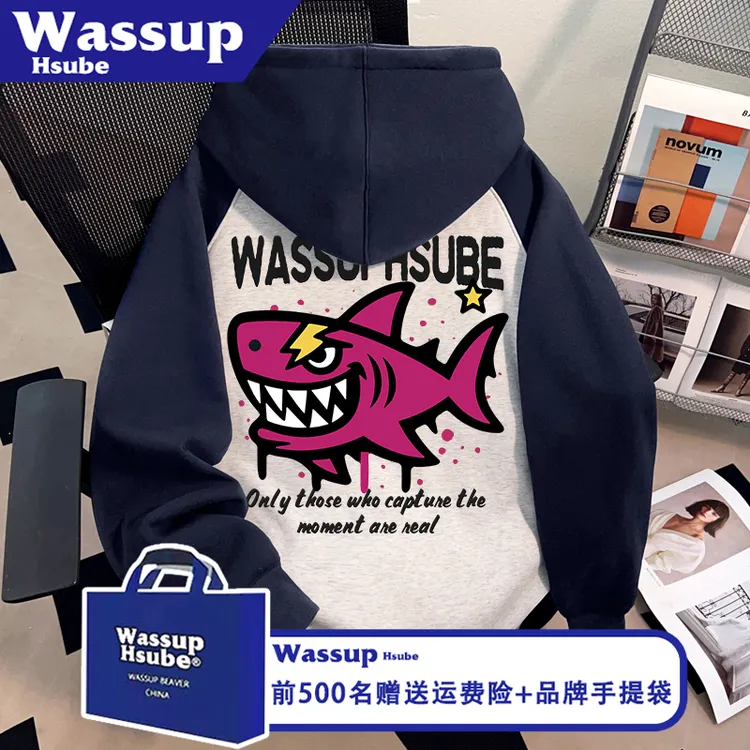 WASSUP HSUBE秋冬插肩连帽开衫全拉链男女款卫衣炫酷鲨鱼印花外套