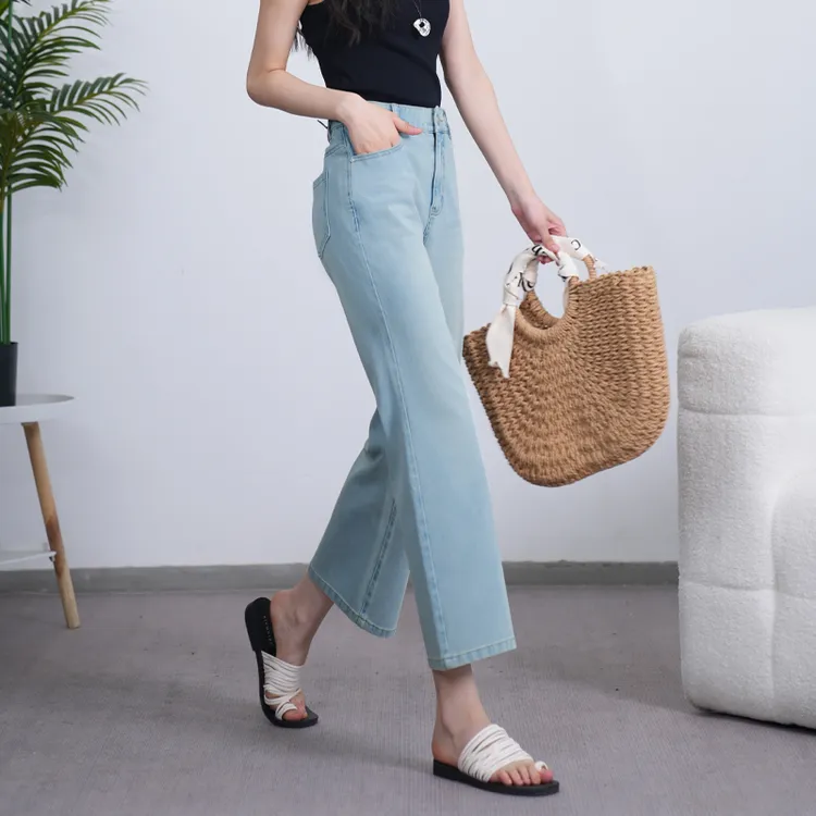 凌丹娜女夏莱赛尔薄款小个子超薄牛仔裤微喇高腰显瘦休闲裤9分