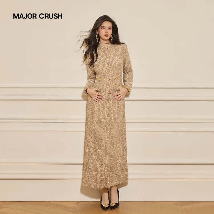 MAJOR CRUSH法式轻奢香槟金禾穗之诗优雅修身长款大衣连衣裙6913