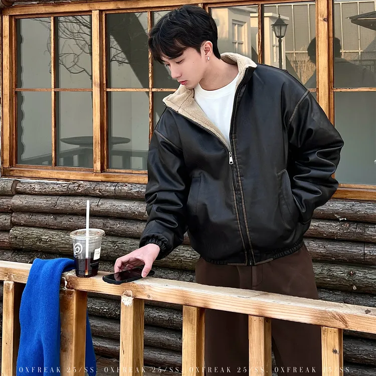 OXFREAK「荔枝纹PU皮」复古做旧座山雕棉服男加绒加厚机车服外套