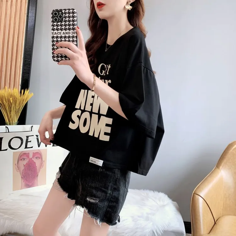 常规款小个子纯棉印花短袖T恤女2025新款欧货大版宽松洋气上衣服