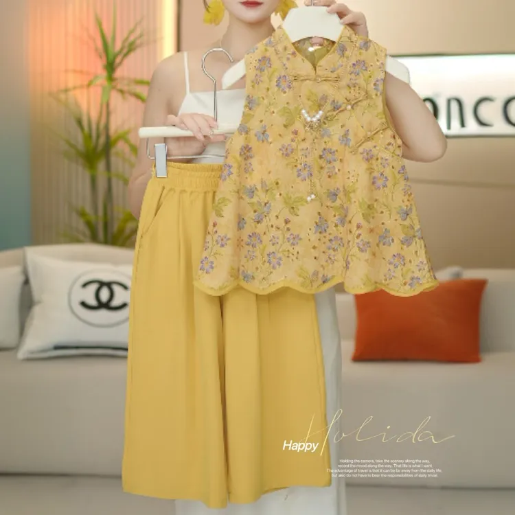儿童薄款碎花宽松中国风女童时尚套装夏季无袖洋气两件套女童套装