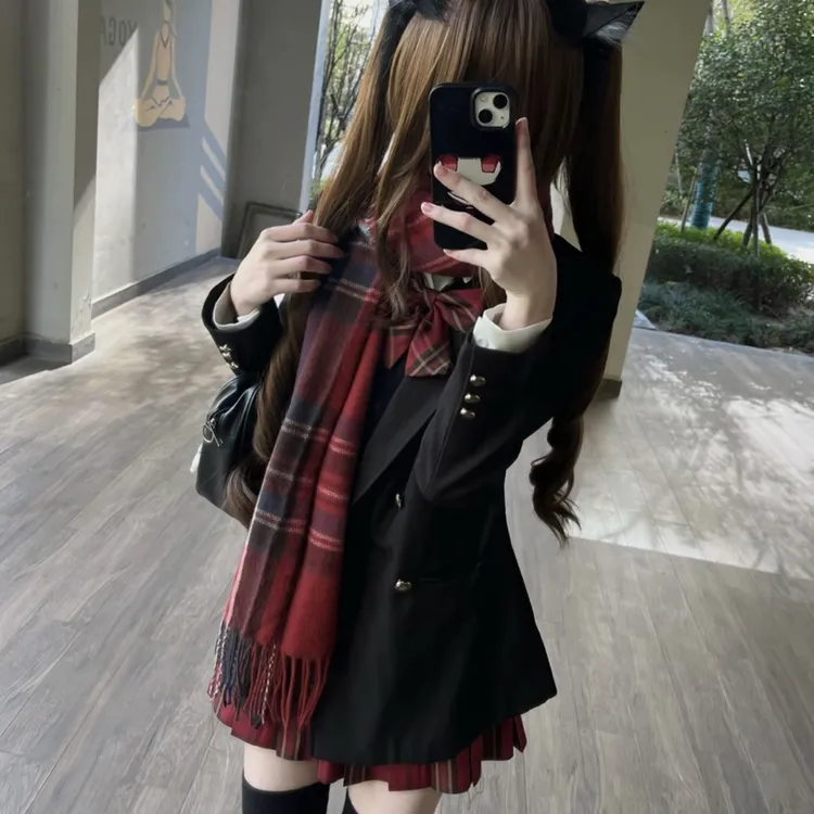 川岛琦JK车厘子格裙冬季红色jk制服校供感a字型百褶裙红格百搭款