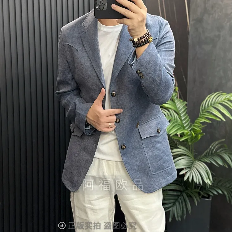 【特价福利】X096男士顶奢老钱英伦风亚麻戗驳领西服