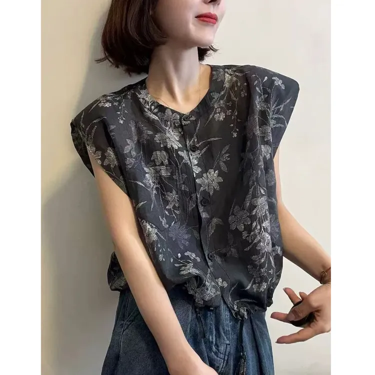 2025夏季新款圆领单排扣印花下摆抽绳短款无袖小衫上衣T恤 208