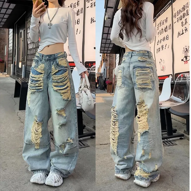 破洞牛仔裤高腰2025春夏新款宽松直筒磨痕宽松显瘦阔腿长裤高街