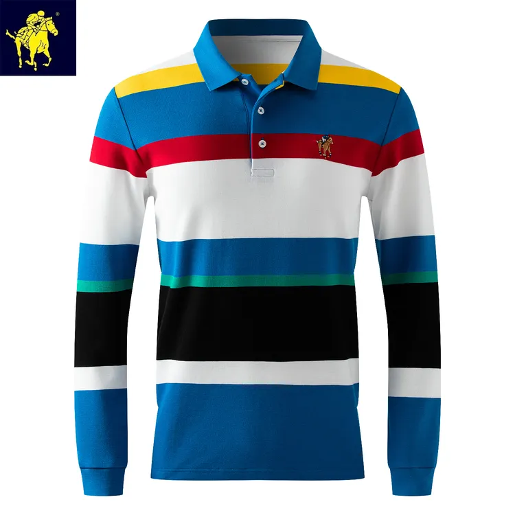 马标刺绣撞色时尚条纹POLO男商务休闲秋季长袖