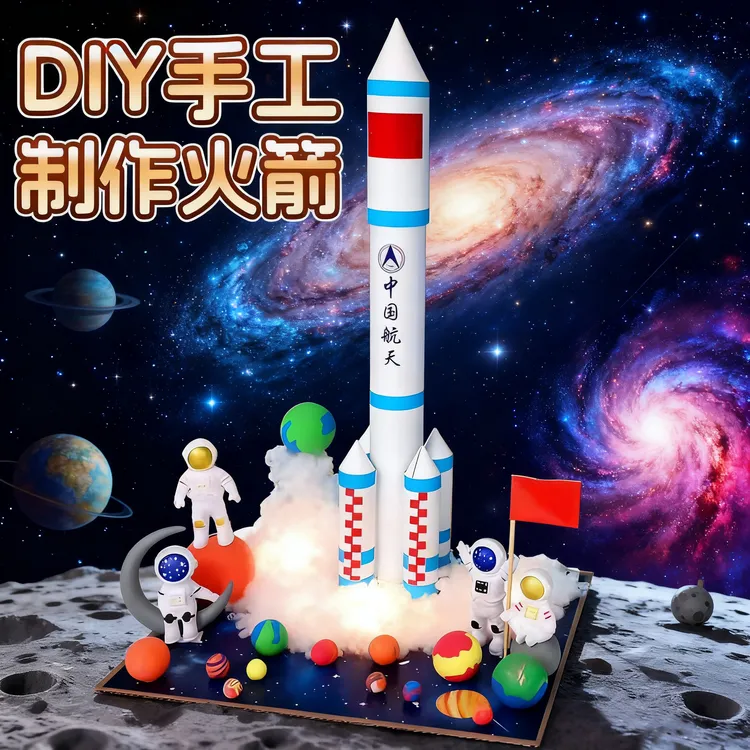中国航天火箭diy手工制作幼儿园废物利用变废为宝的作业儿童玩具6