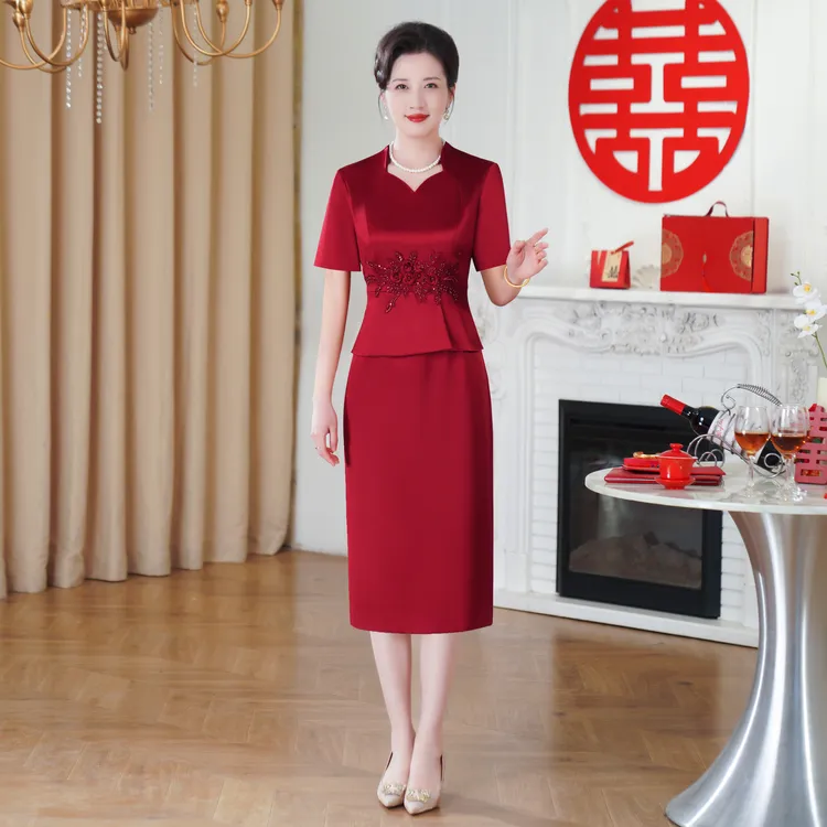 55711喜婆婆婚宴装洋气显瘦连衣裙假两件结婚妈妈礼服高贵连衣裙