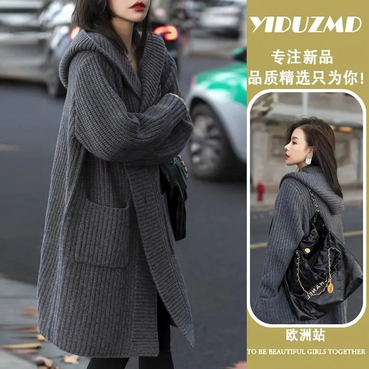 韩版胖单排扣连帽针织毛衣外套秋冬中长款开衫外套