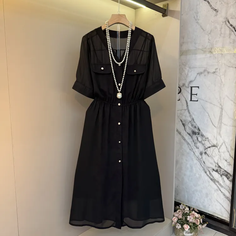 2025夏中长款巨显瘦百搭洋气减龄大码女装韩版V领收腰连衣裙1227