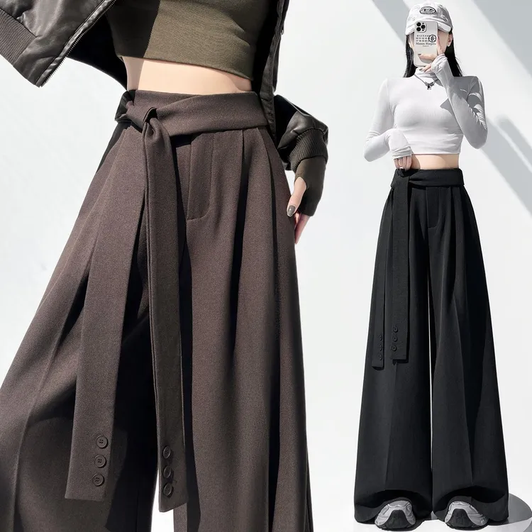 设计感加绒毛呢西装裤女秋冬季高腰显瘦宽松垂感窄版阔腿裤拖地裤