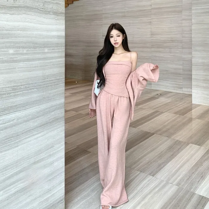粉色针织吊带背心女秋季长袖毛衣外套开衫套装休闲阔腿长裤三件套