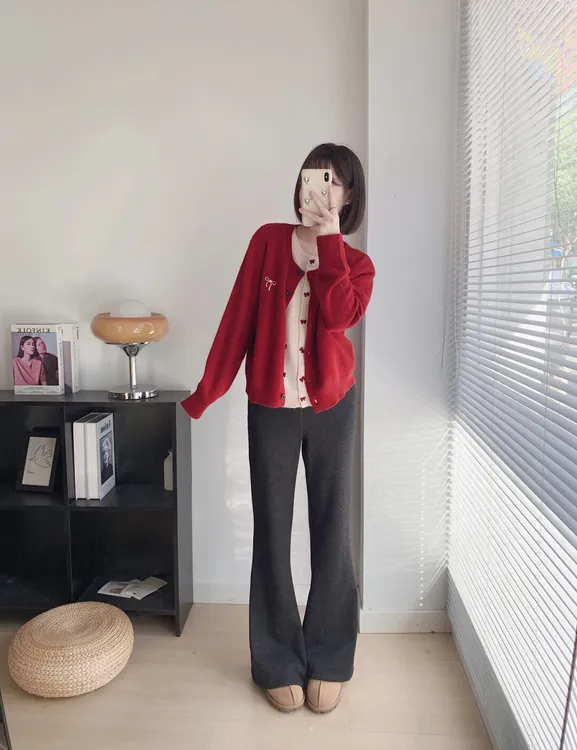 【小喜悦】新年氛围感软糯红色假两件毛衣针织开衫灰色糯米裤套装