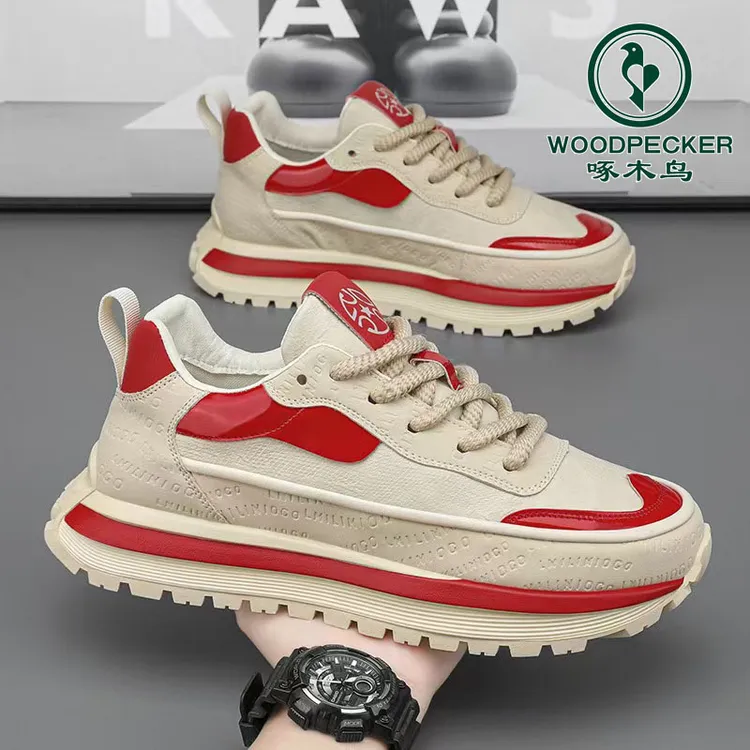 啄木鸟拼色老爹鞋男春秋新款舒适皮面休闲百搭时尚复古爆款休闲男