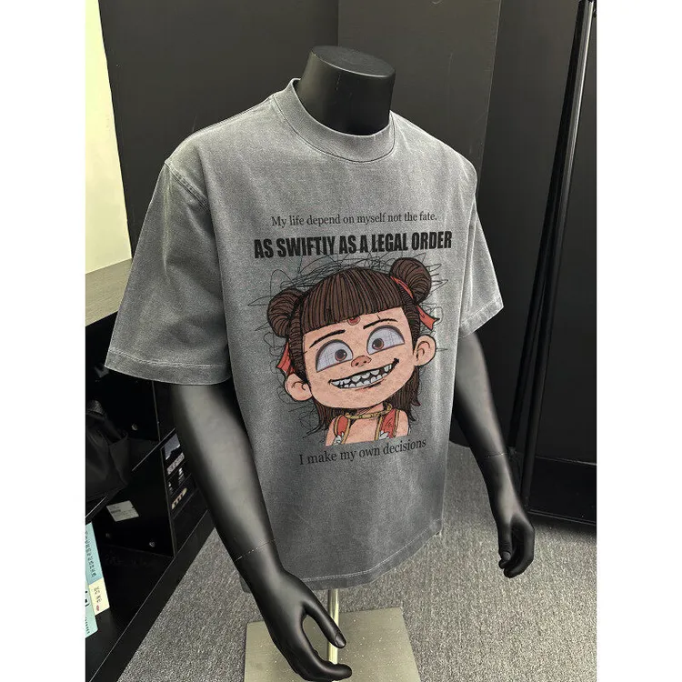 美式水洗做旧渲染哪吒印花短袖男夏季潮牌高街复古小领口重磅t恤