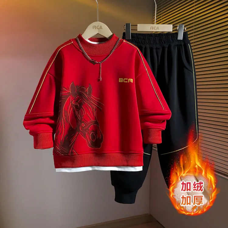 男童冬装套装秋冬款2025新款中大儿童冬季加绒加厚时髦红色拜年服