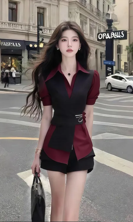 夏季温柔知性风设计感衬衫领修身收腰短袖酒红色两件套女气质女装