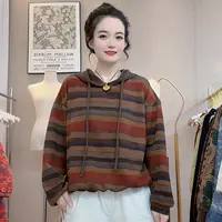 2025女士秋季新款复古彩条纹秋季减龄休闲卫衣连帽抽绳长袖上衣潮