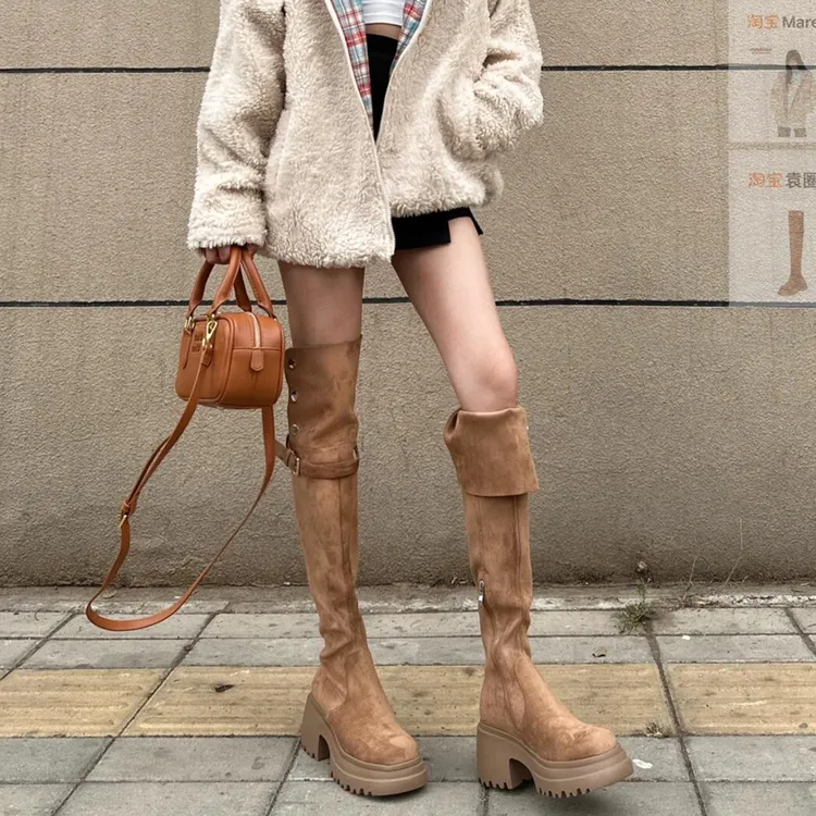 过膝长筒靴棕色靴子厚底7CM美拉德显瘦两穿粗跟高筒骑士靴女秋冬