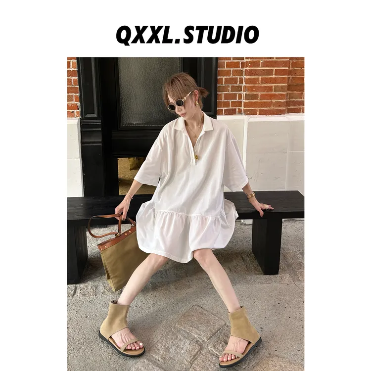 邱小小丽呀 夏季韩版纯色拼接T恤裙宽松显瘦减龄小众连衣裙女