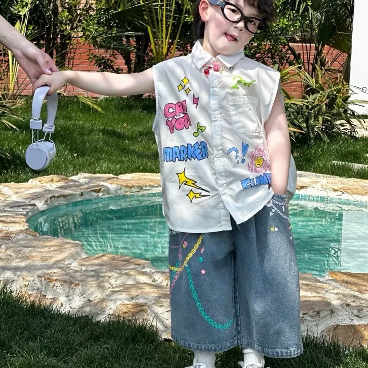 男童夏季新款衬衫无袖牛仔七分裤套装2025时尚韩版洋气时两件套超