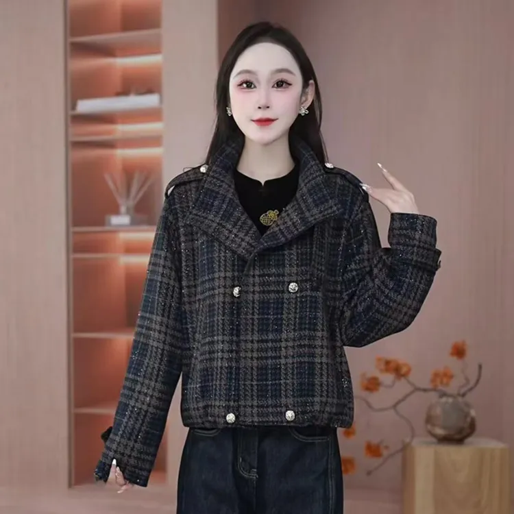 妍2025年秋季新款时尚气质显瘦百搭短款休闲女士格子外套#912063