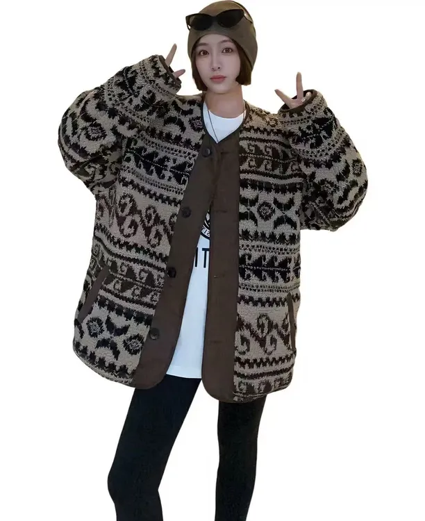 2025美式复古拼接腰果花秋冬新款羊羔毛加棉加厚通勤外套女