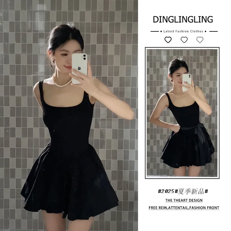 2025年夏季新款韩穿搭套装女纯欲辣妹黑色方领吊带背心连衣裙潮